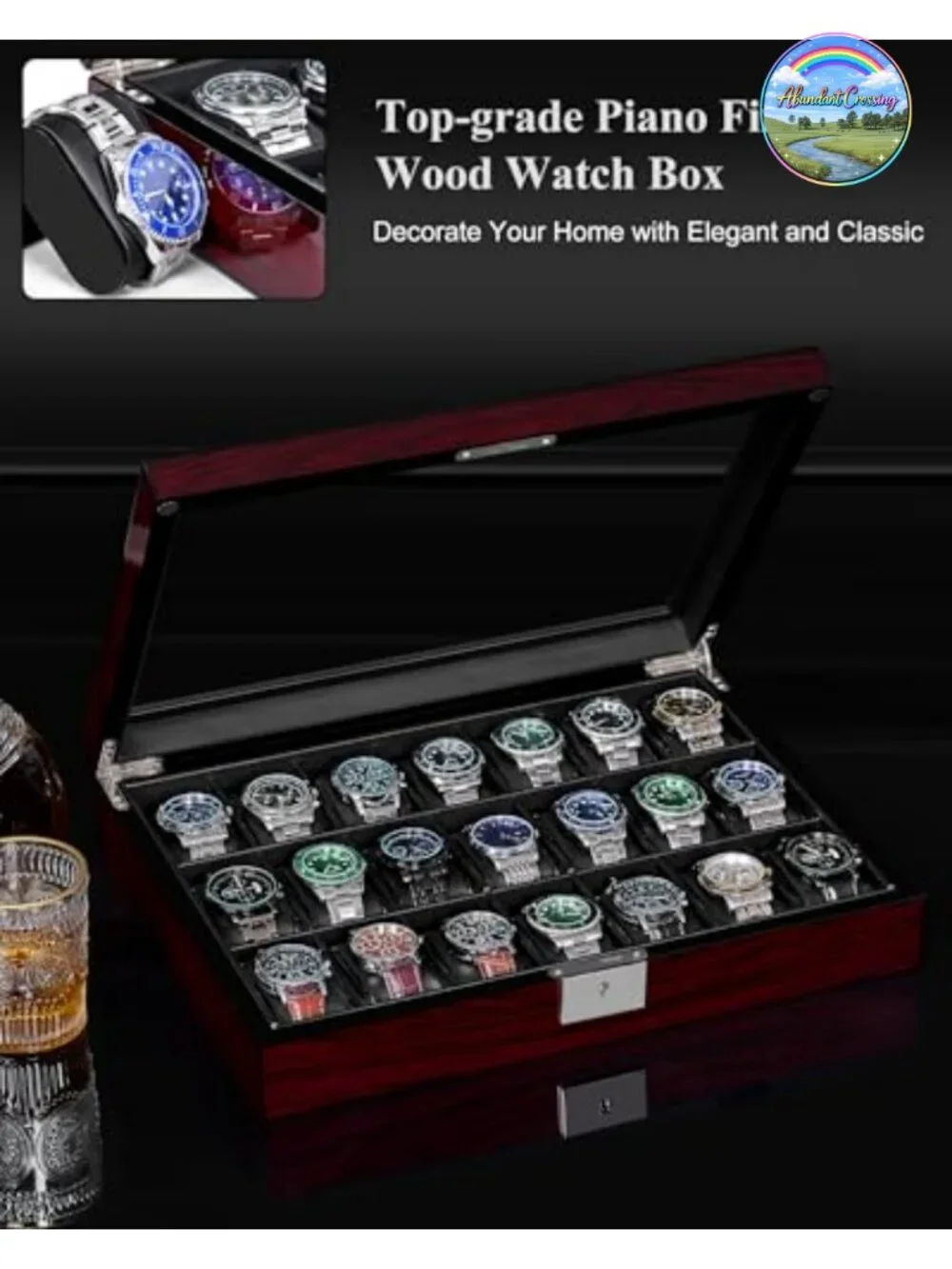 21 Slot Watch Case Box Organizer with Glass Lid Lockable PU Leather